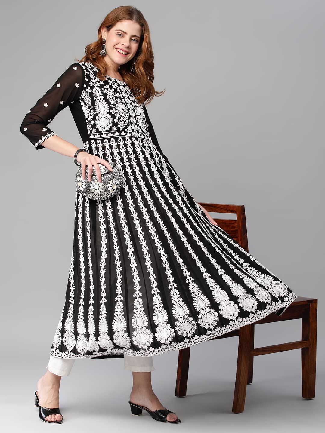 ANNI DESIGNER Anarkali Women s Kurta Georgette Regular Fit, Black, Medium