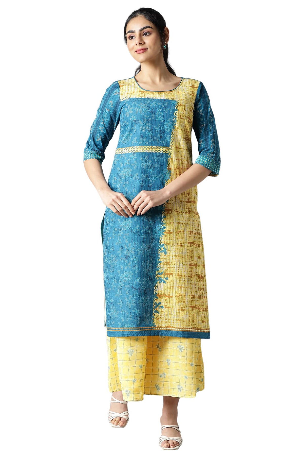 Aurelia Womens Blue Floral Printed Printed Cotton Regular Kurta