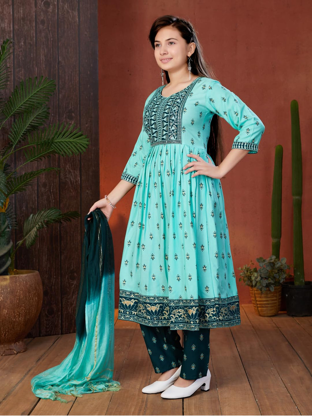 Aarika Girls Ethnic Wear Sea Green Colour Foil Print Sequin Rayon Kurti (9-16 Years)