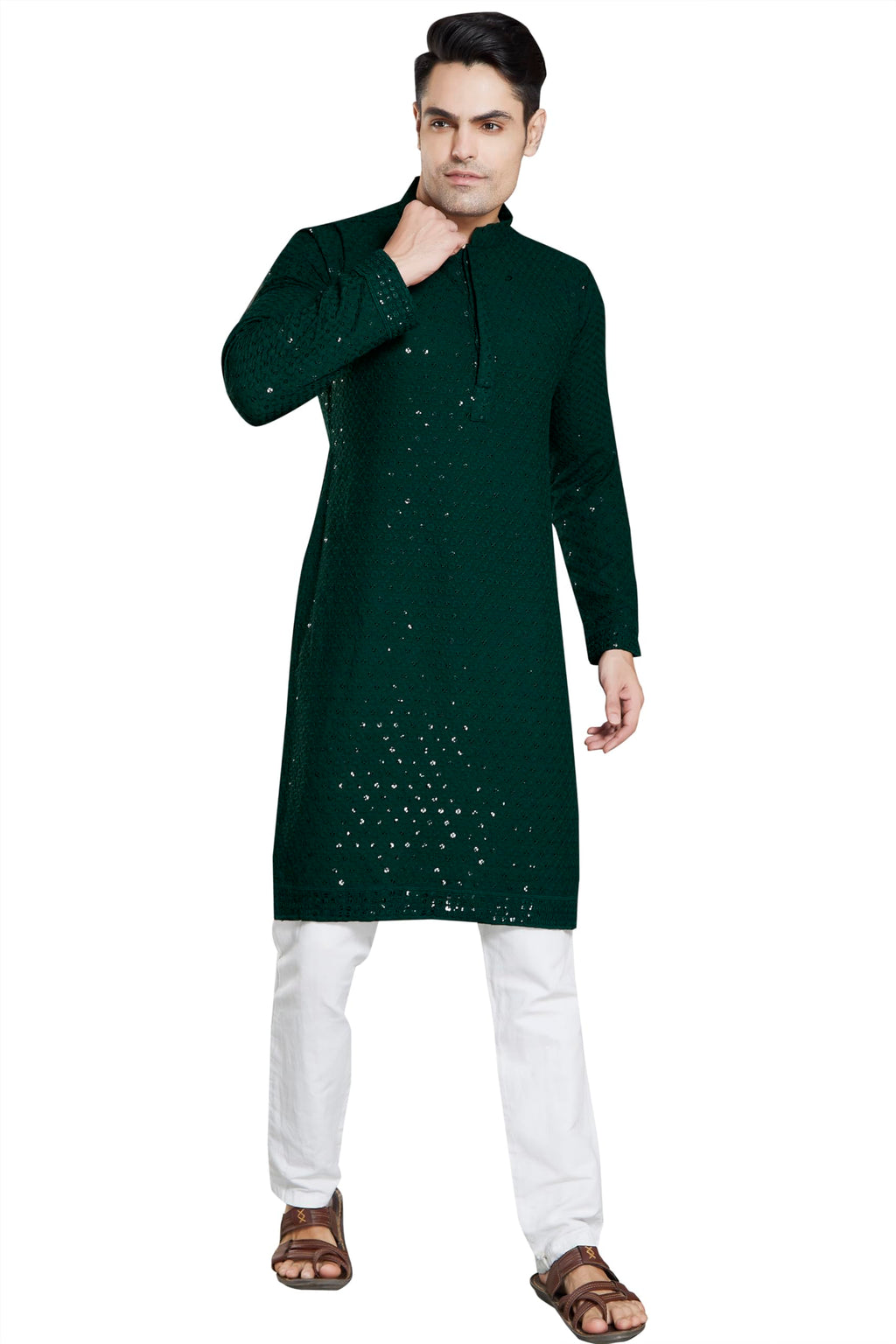 DIVISIVE Mens Sequince Embroidered Cotton Blend Only Slim Fit Kurta (DKRT18_XXXL_Bottle Green)