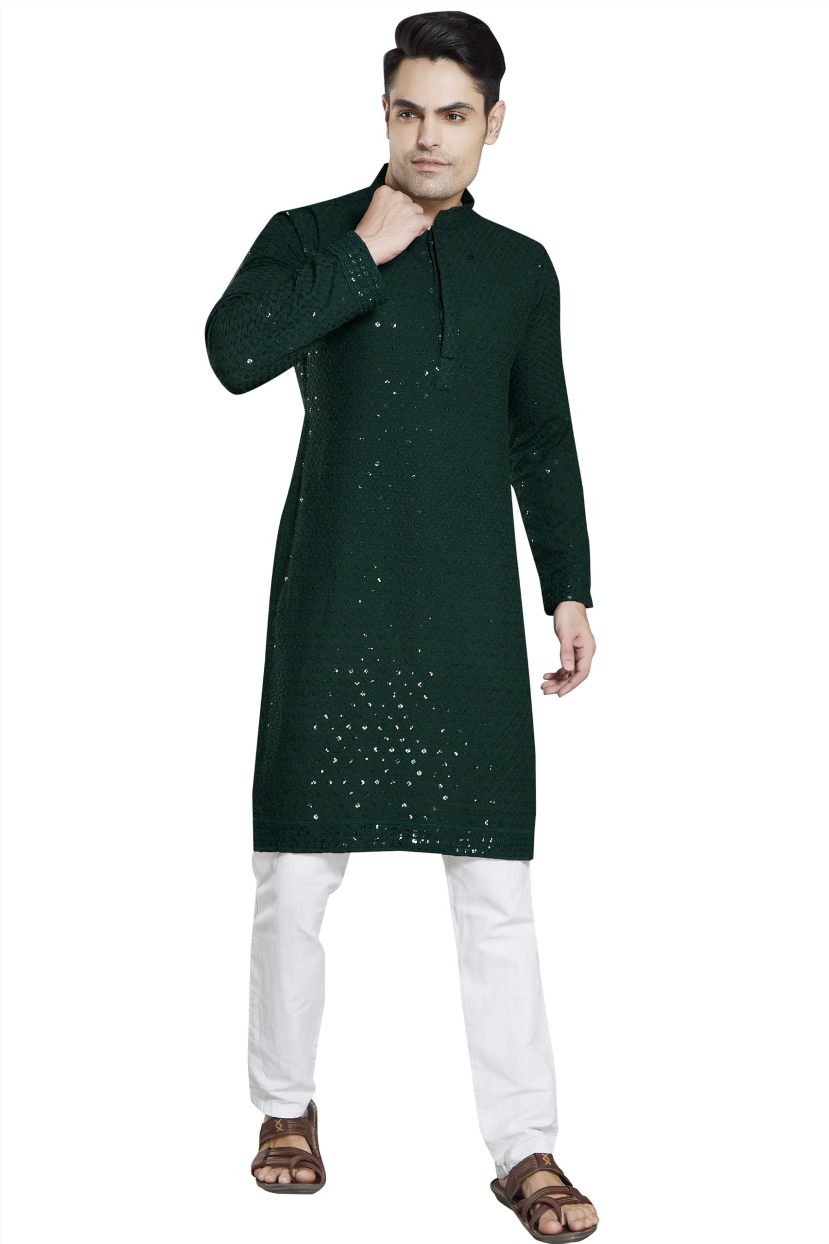 DIVISIVE Mens Sequince Embroidered Cotton Blend Only Slim Fit Kurta (DKRT18_XXXL_Bottle Green)
