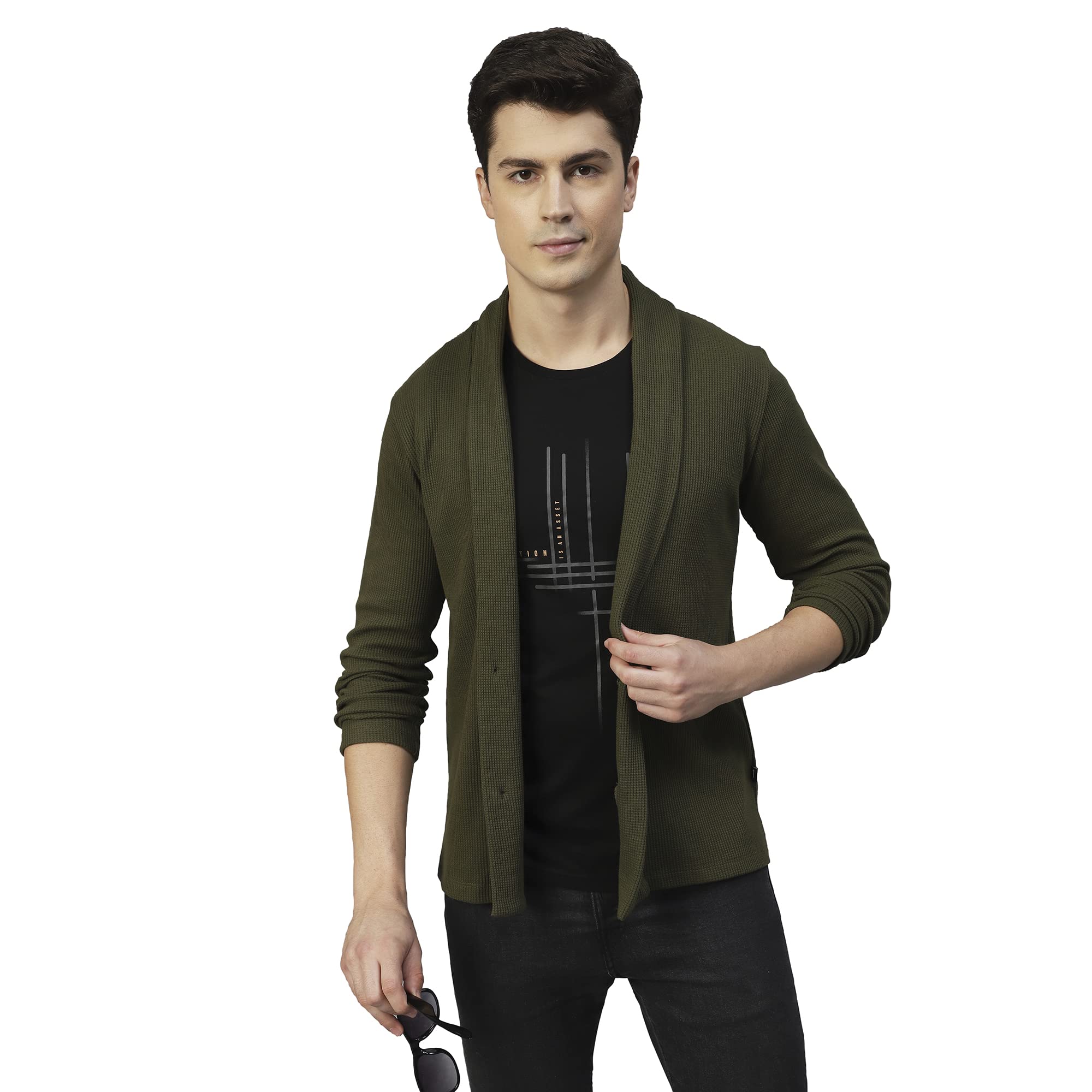 Rigo Waffle Knit Shrug for Men | Full Sleeve, Shawl Collar Cardigan for Men | Best for Casual Wear, Fashion Wear Cardigan Olive 