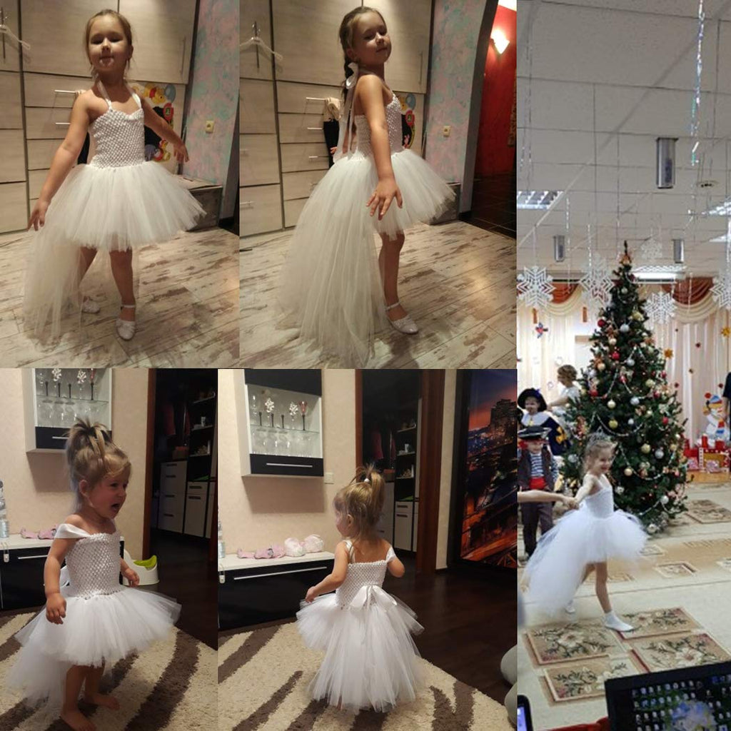 HJTT White Tutu Dress for Girls Wedding Party Tulle Princess Dresses Toddler Birthday Gift Kids Christmas Halloween Costume (Whi