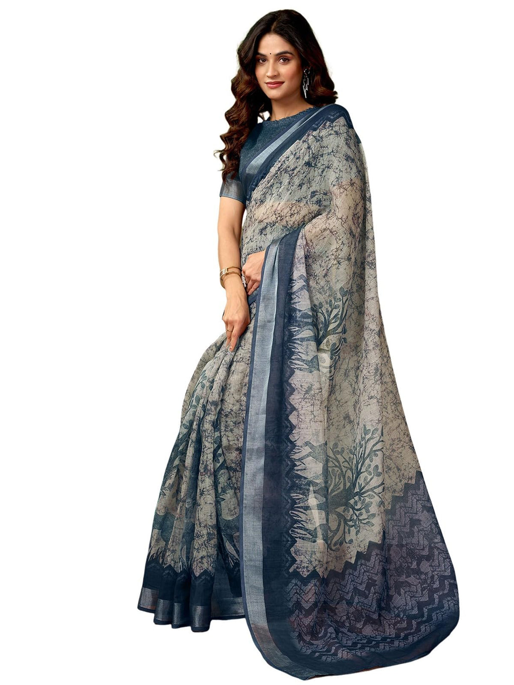 Satrani WomenS Linen Zari Border Printed Ready To Wear One Minute Pre Pleated Readymade Saree With Unstitched Blouse Piece (33R