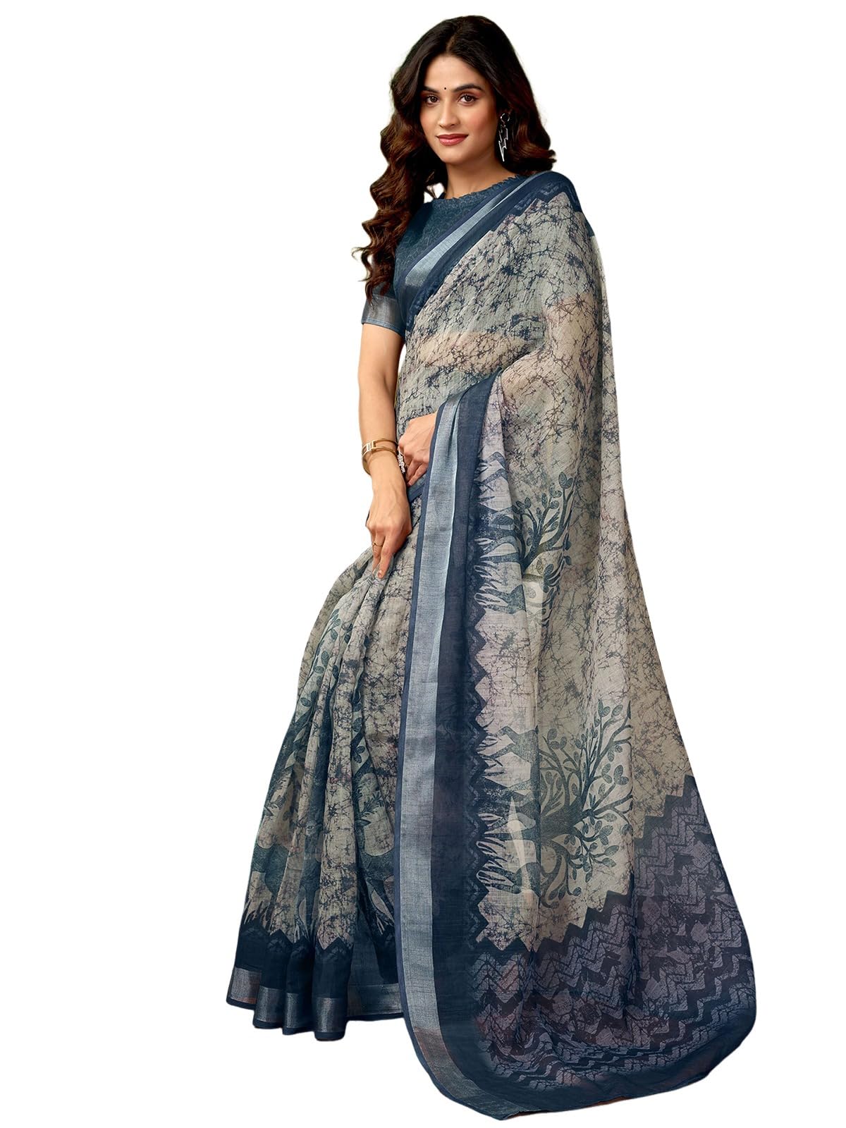 Satrani WomenS Linen Zari Border Printed Ready To Wear One Minute Pre Pleated Readymade Saree With Unstitched Blouse Piece (33R
