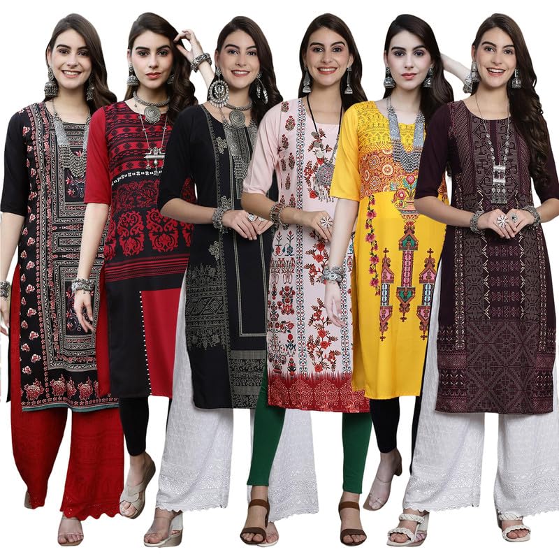 Pinkmint Womens Crepe Digital Print Straight Kurta [Pack of 6]
