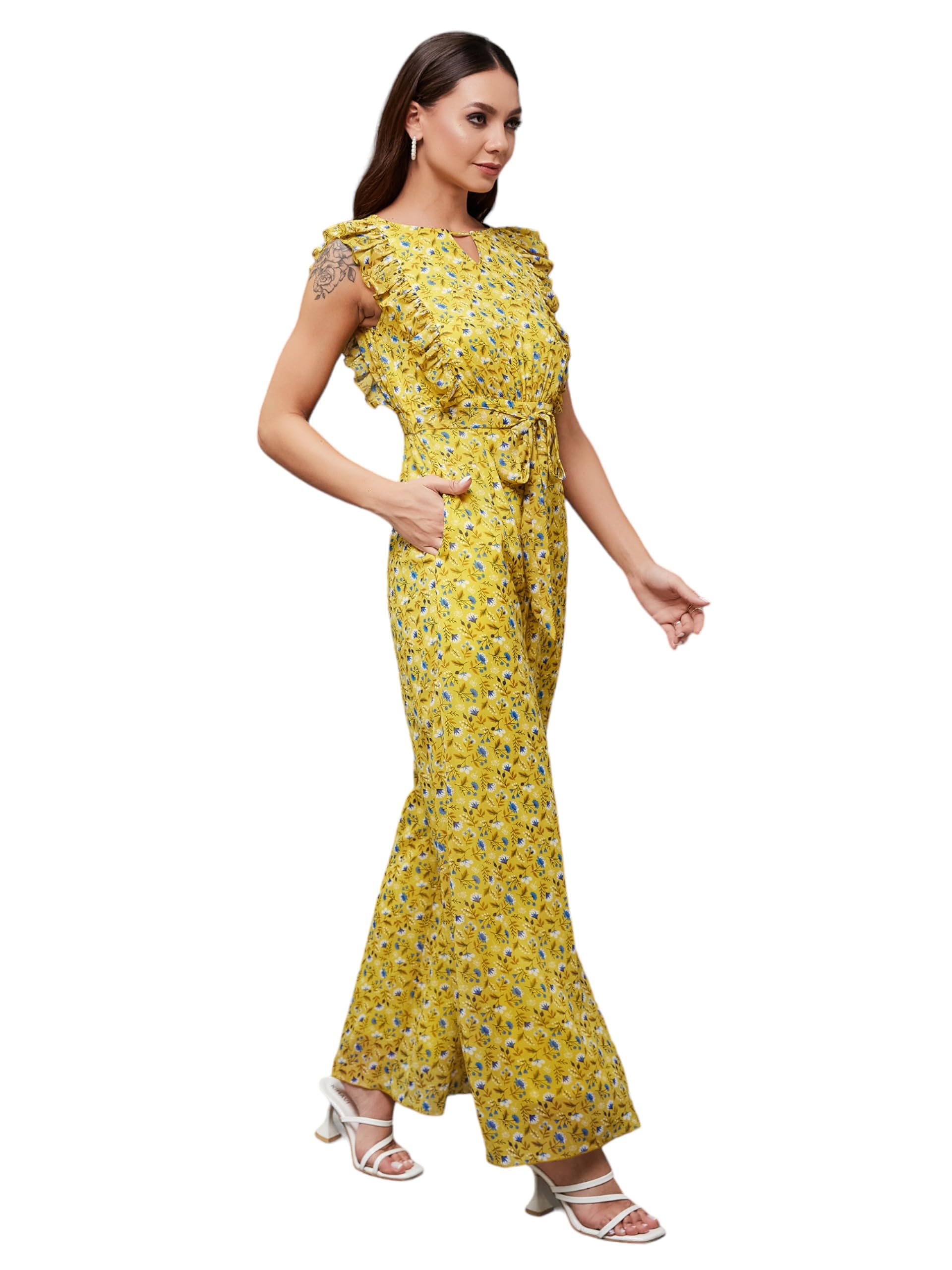 Miss Chase Womens Round neck Sleeveless Floral Wide Leg Regular Jumpsuit (MCAW24D95-80-164-06, Multicolored-Base-Yellow, XL)