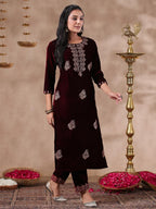 Ishin WomenS Velvet Ethnic Motifs Zari Maroon Straight Kurta Suit Set With Trousers & Dupatta