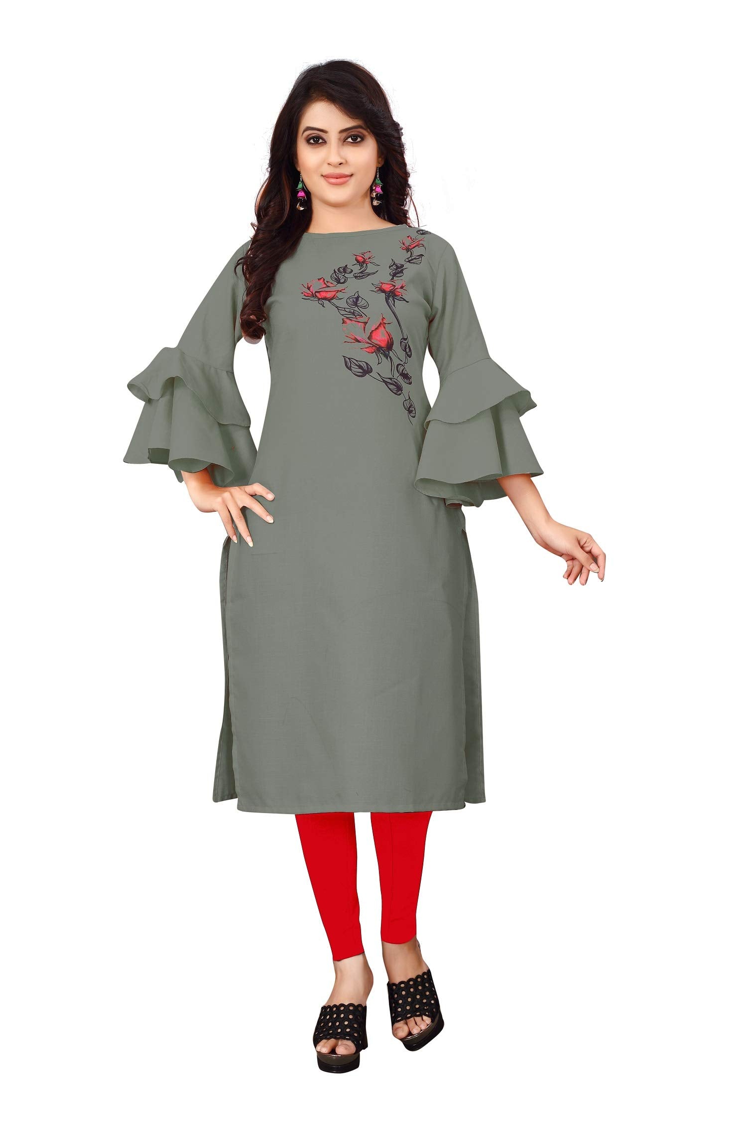 Om Sai Latest Creation Slub-Rayon 3/4 Sleeve Printed A-Line Kurti For Women (X-Large, Mahendi Green)