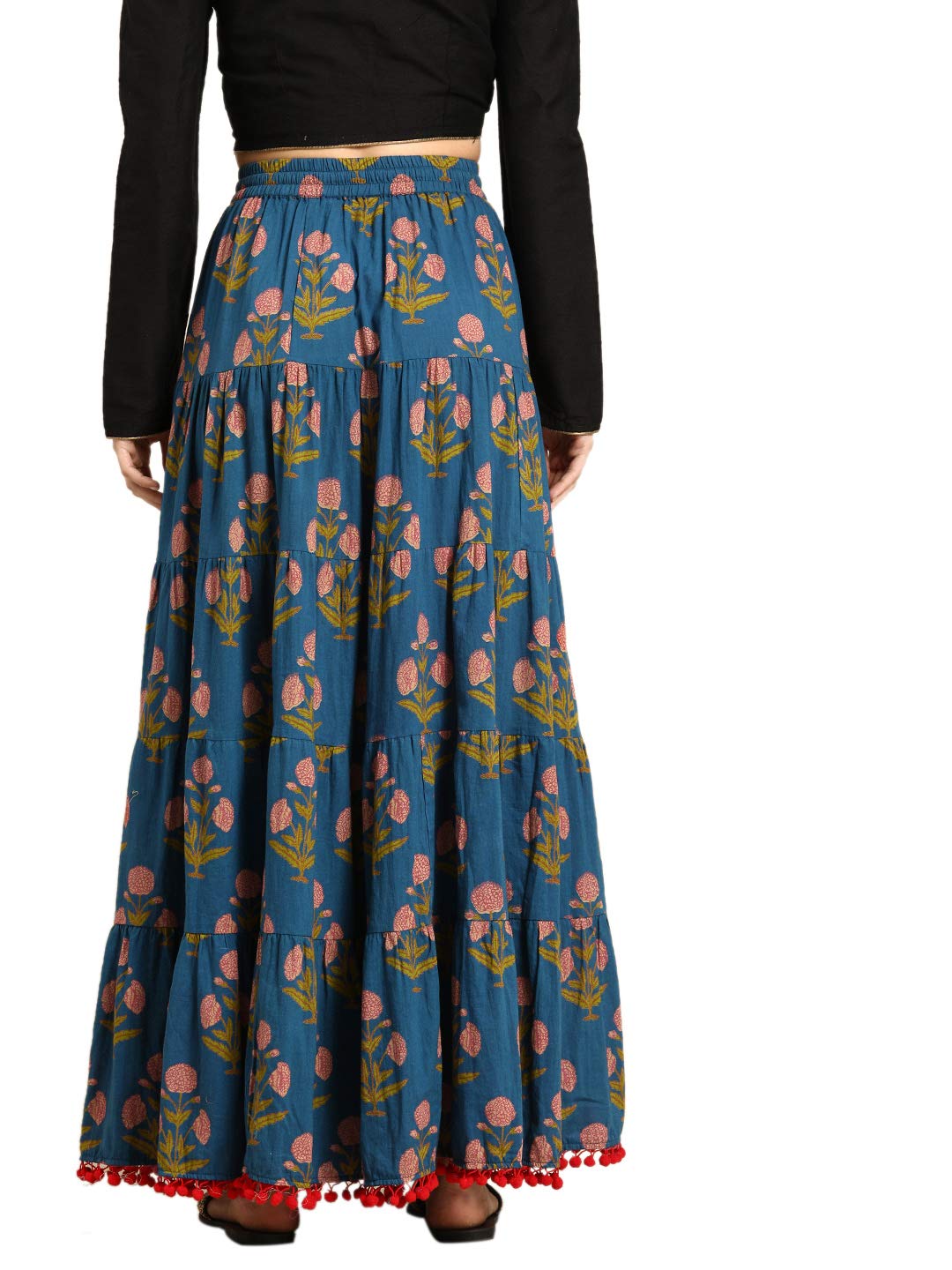 Varanga Blue & Red Printed Tiered Skirt with Pom Pom Detailing