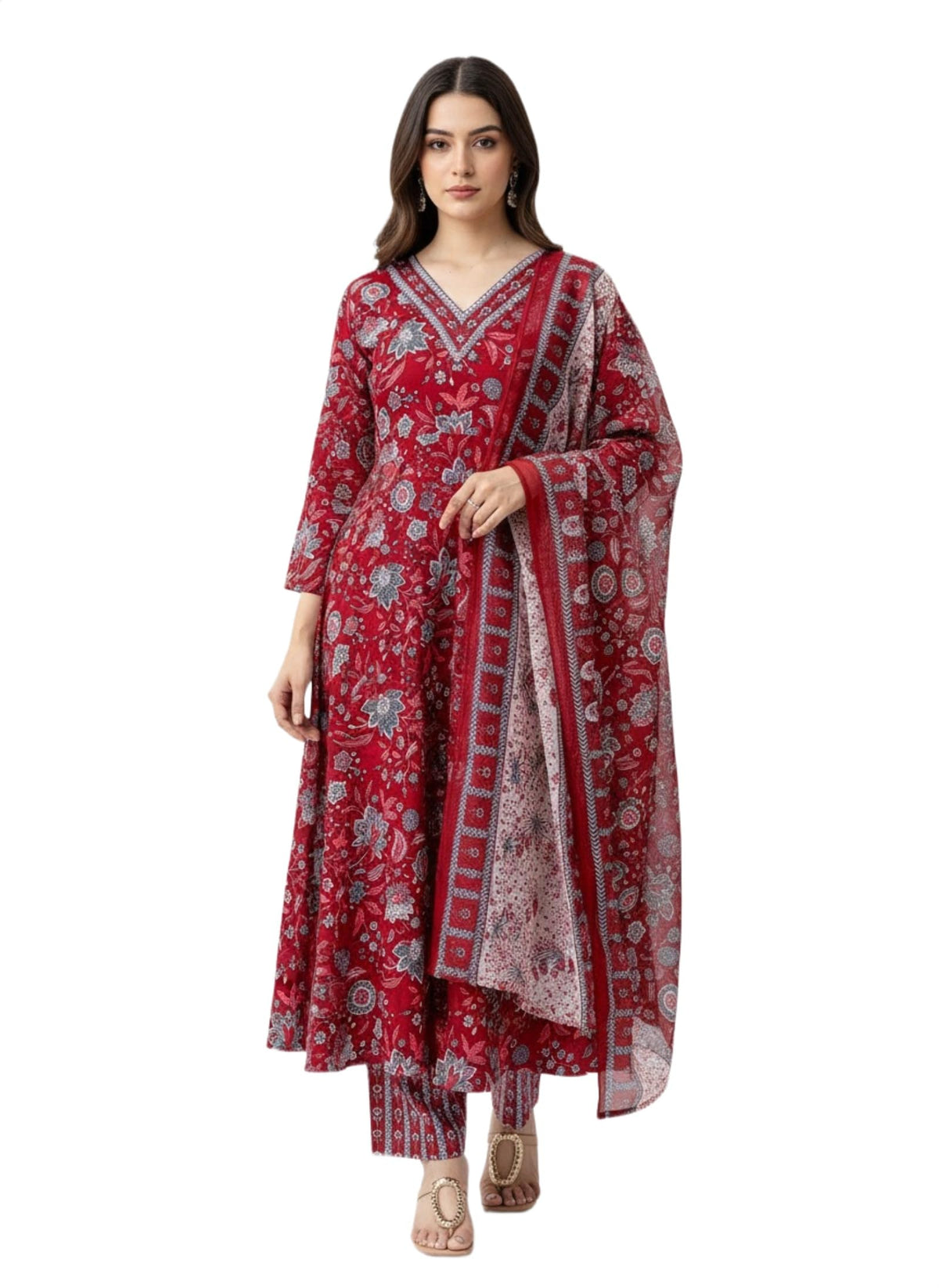 Amazon Brand  Tavasya WomenS Rayon Printed ALine Kurta Set With Pant And Dupatta | Kurti Set For Women(Maroon2Xl) 2