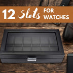 Mantello Watch Box - 12 Slot Watch Cases for Men- Watch Case with Large Glass Top - Watch Box Organizer for Men (Black)