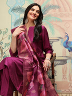 Ishin Notch Neck Silk Crepe Straight A-Line Kurta With Trousers & Dupatta | Kurta Set For Women | Kurta With Trousers And Dupatt