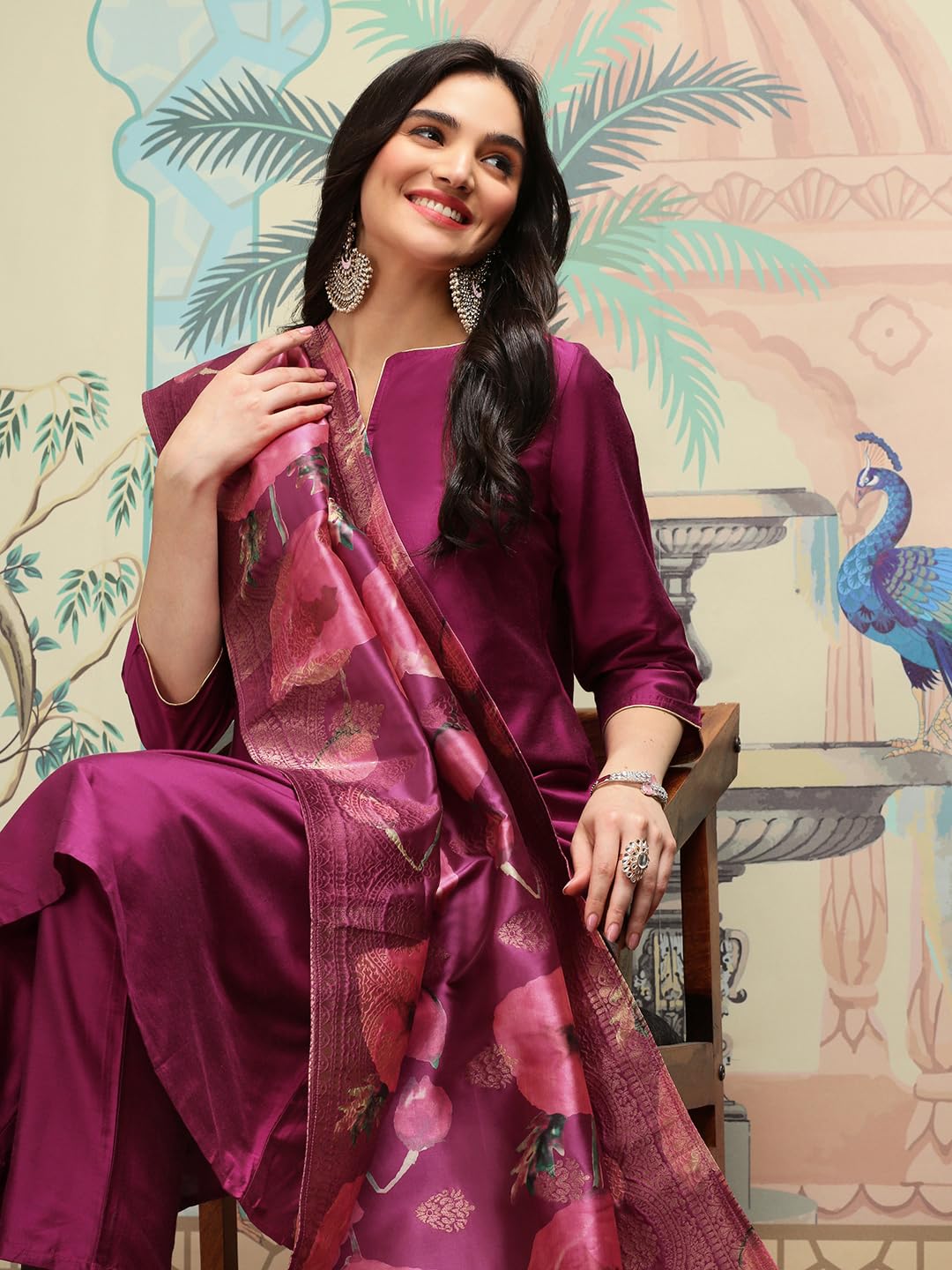 Ishin Notch Neck Silk Crepe Straight A-Line Kurta With Trousers & Dupatta | Kurta Set For Women | Kurta With Trousers And Dupatt