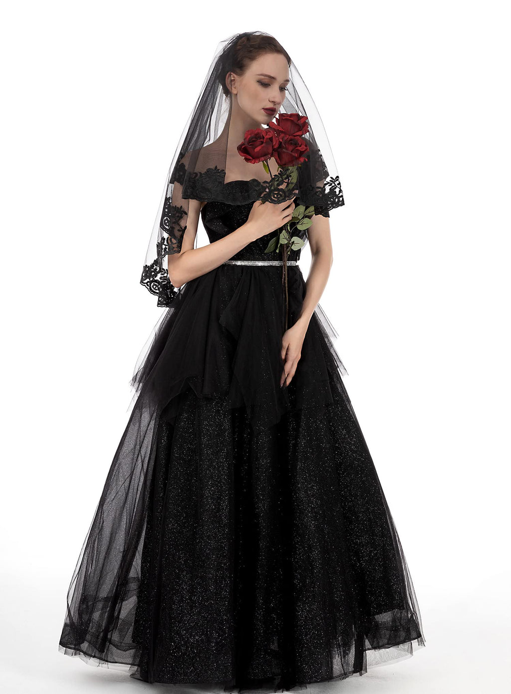 PAMOR Black Lace Veil Creative Mantilla Cathedral Tulle Sheer Wedding Halloween Veil for Bride With Comb