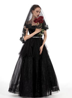 PAMOR Black Lace Veil Creative Mantilla Cathedral Tulle Sheer Wedding Halloween Veil for Bride With Comb
