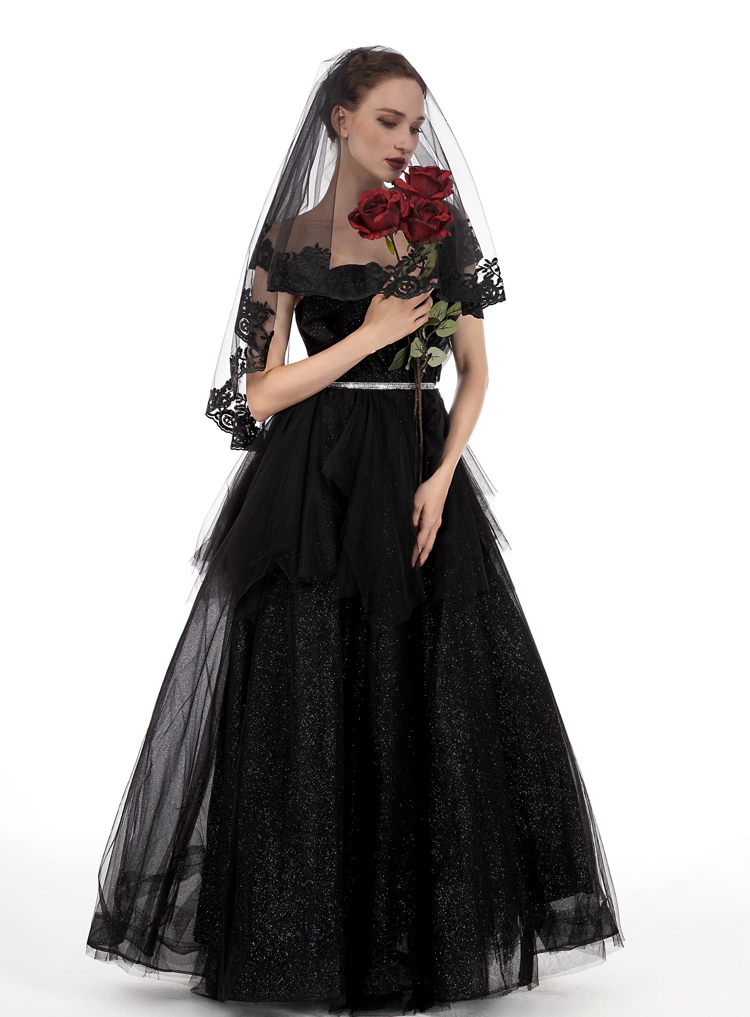 PAMOR Black Lace Veil Creative Mantilla Cathedral Tulle Sheer Wedding Halloween Veil for Bride With Comb