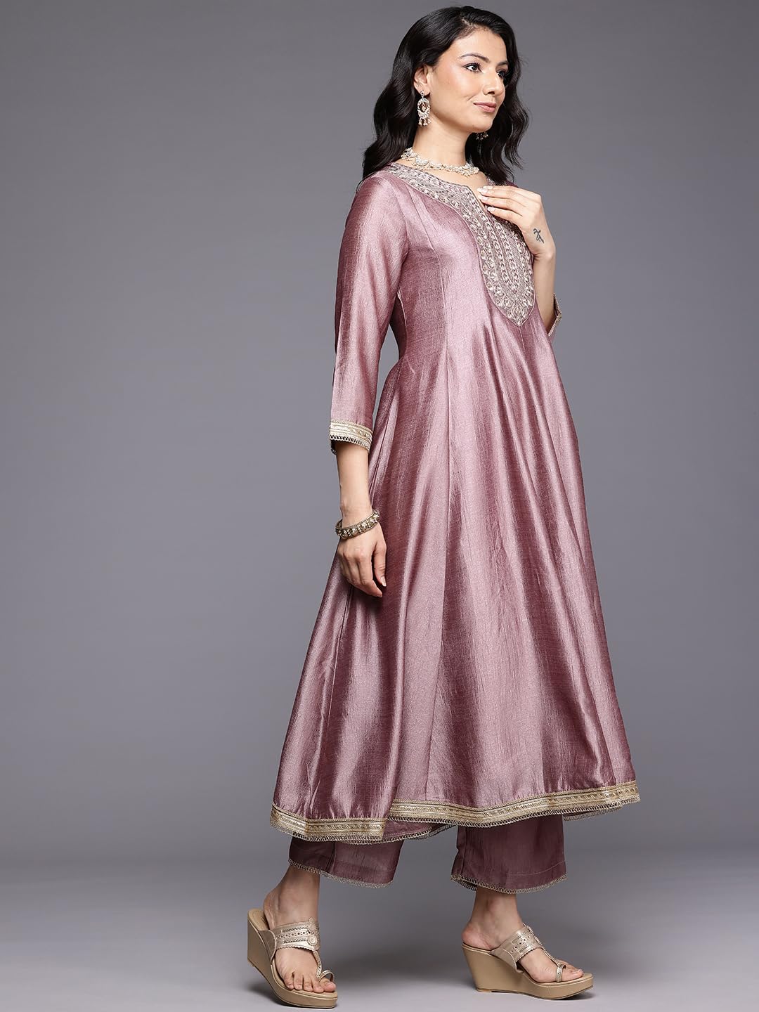 Varanga WomenS Mauve Zari Embroidered Sequins Embellished Anarkali Kurta With Bottom And Dupatta