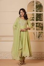 Varanga Women Beige Floral Printed Embroidered Anarkali Kurta Paired Wirh Printed Bottom And Dupatta