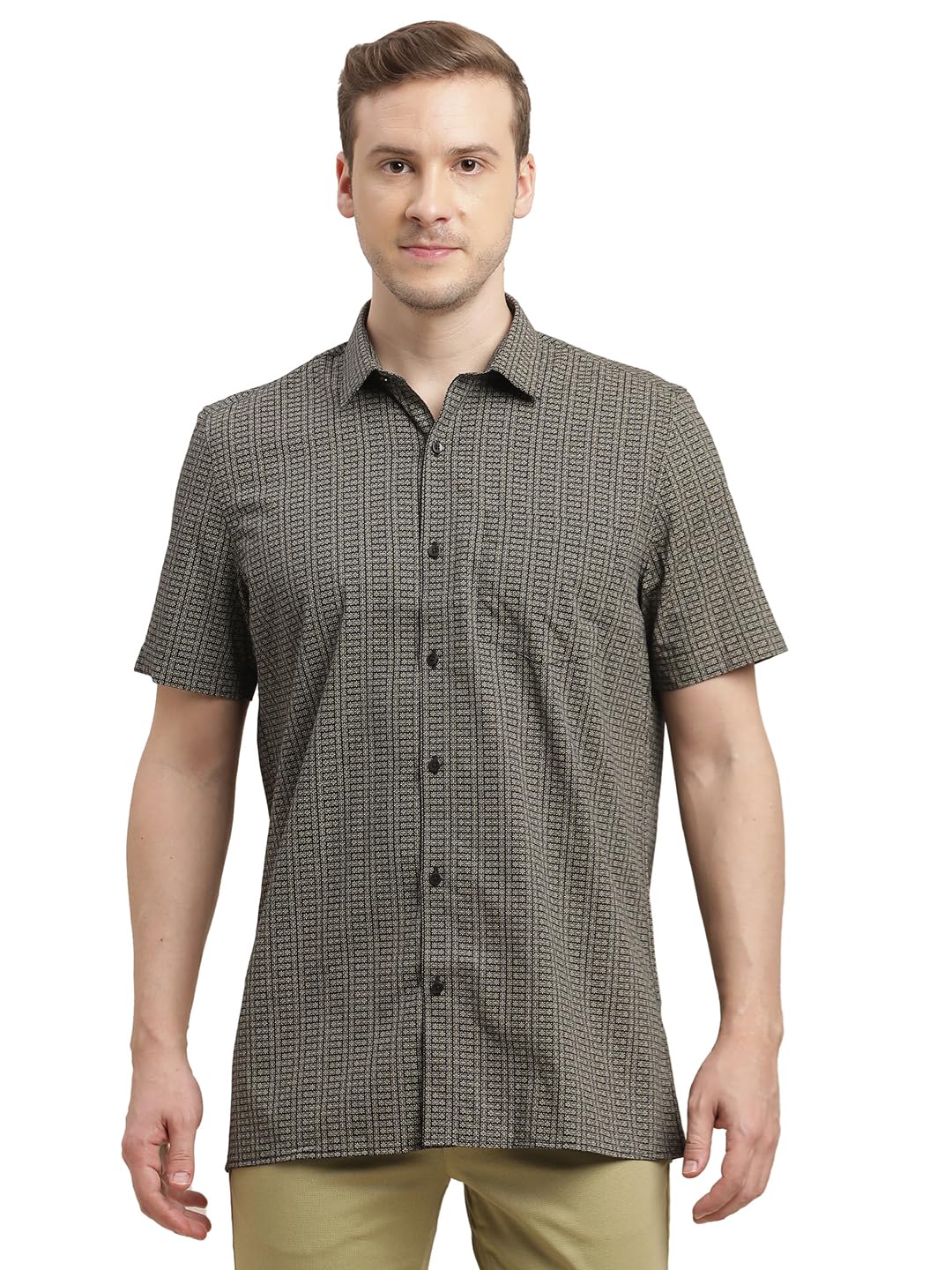 Turtle Men 100% Cotton Regular Fit Grey Printed Half Sleeve Formal Shirt