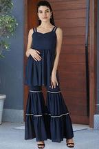 Popwings Casual Navy Blue Georget Garara Set For Women