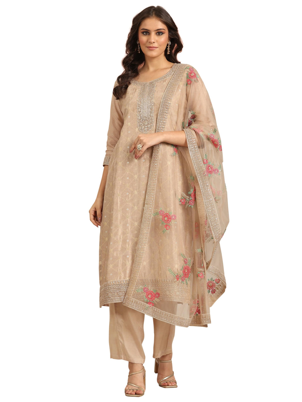 Libas Art Womens Woven Design Silk Blend Straight Kurta With Trousers and Dupatta