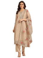 Libas Art Womens Woven Design Silk Blend Straight Kurta With Trousers and Dupatta