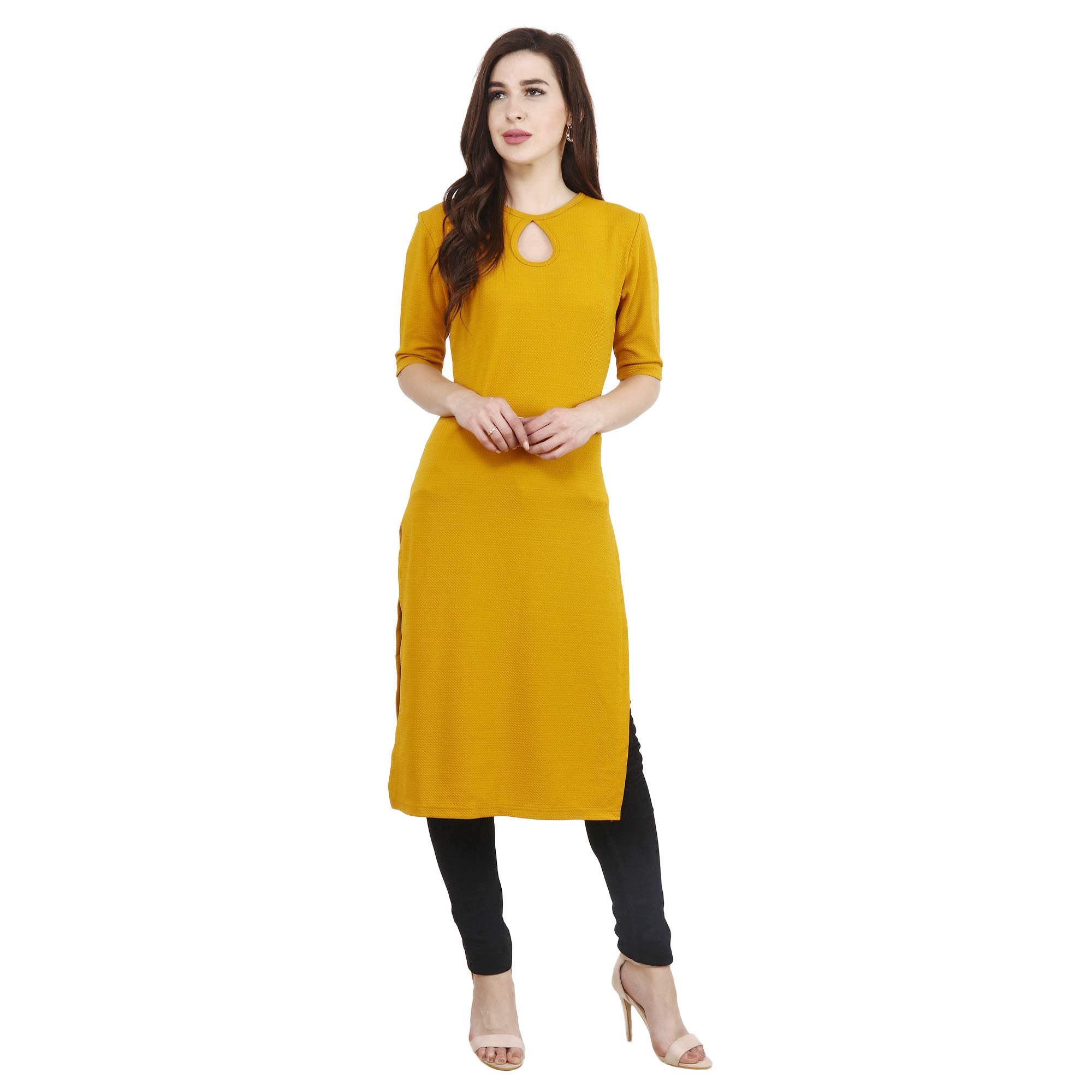 Popwings Casual Mustard Key Hole Streachable Kurti