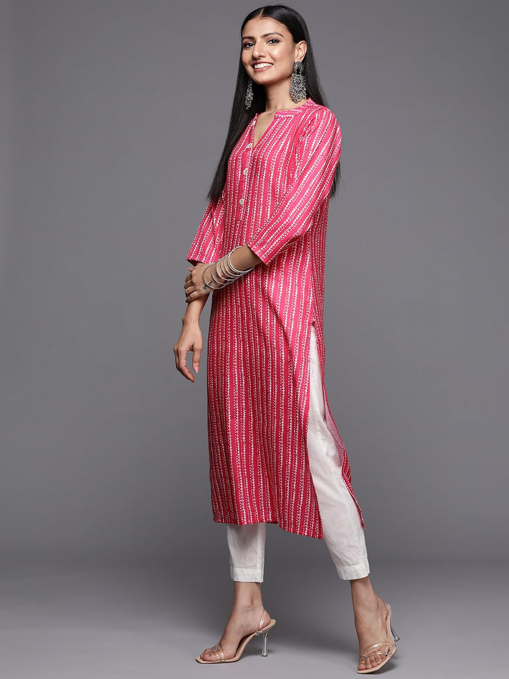 Varanga Fuchsia Printed Straight Kurta With Mandarin Collar