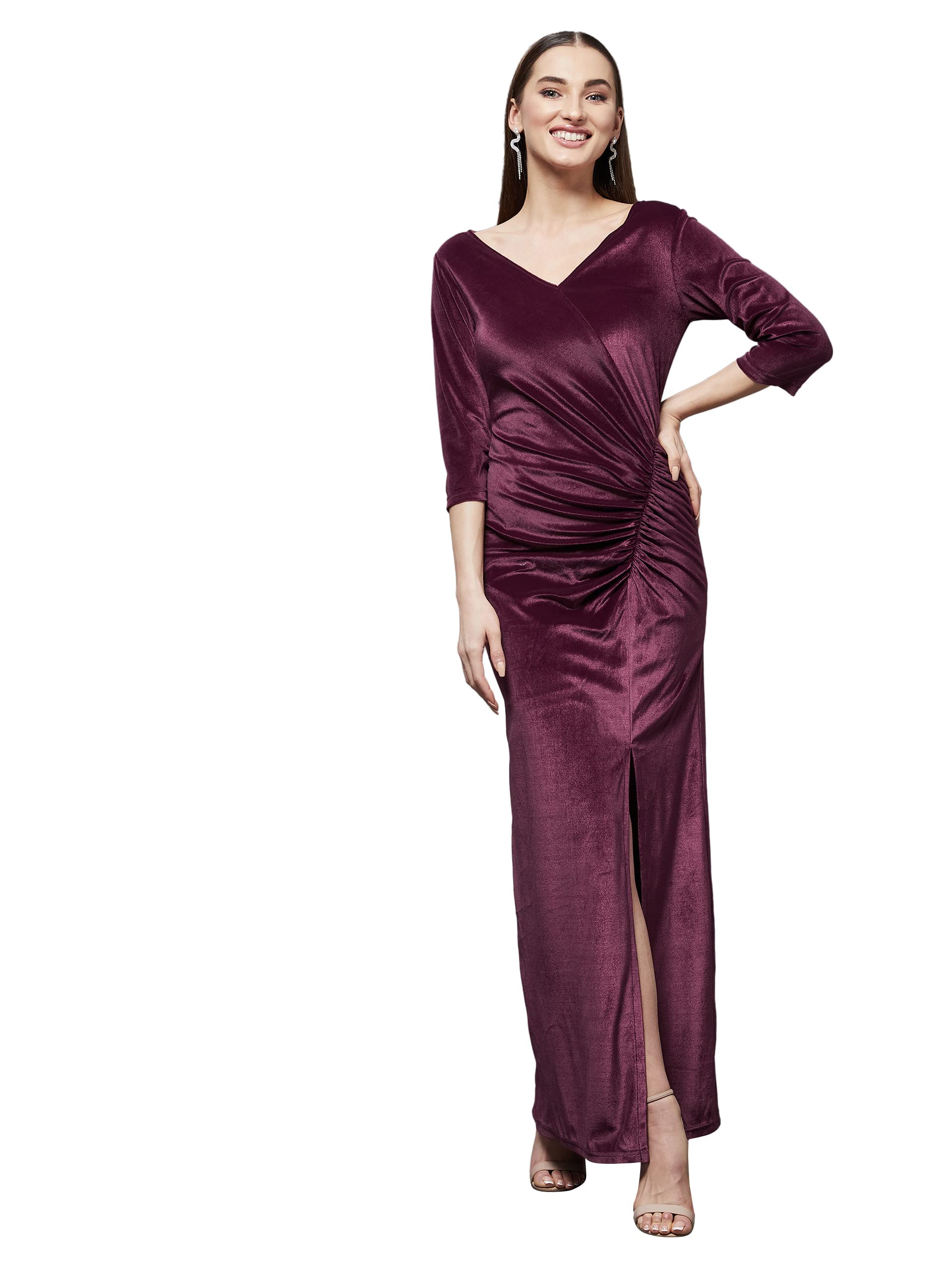Miss Chase WomenS Dark Mauve V-Neck 3/4Th Sleeve Solid Ruched Maxi Dress (Mcss22D99-68-255-06, Dark Mauve, Xl)