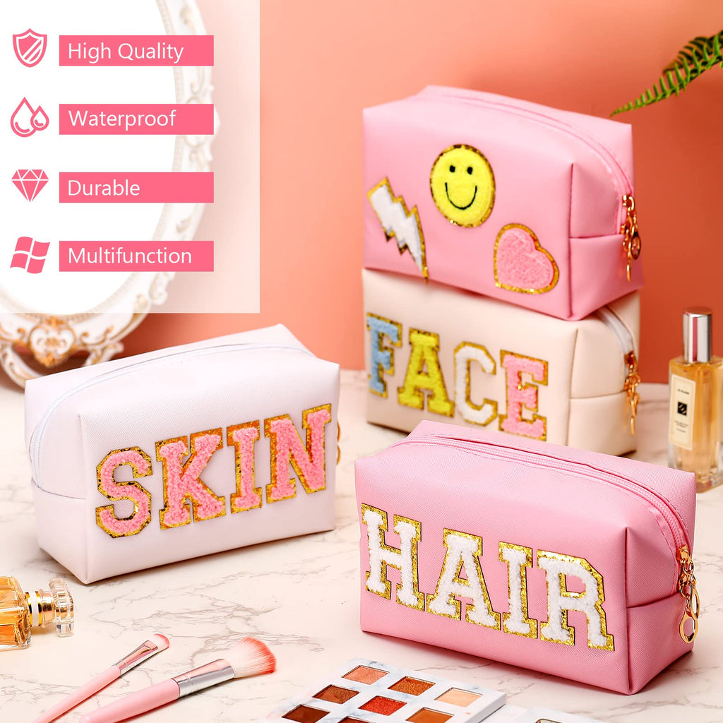 Sanwuta 4 Pcs Hair Face Skin Travel Bag Set Preppy Makeup Pouch PU Leather Skincare Bag Waterproof Cosmetic Organizer Birthday
