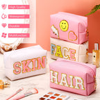 Sanwuta 4 Pcs Hair Face Skin Travel Bag Set Preppy Makeup Pouch PU Leather Skincare Bag Waterproof Cosmetic Organizer Birthday