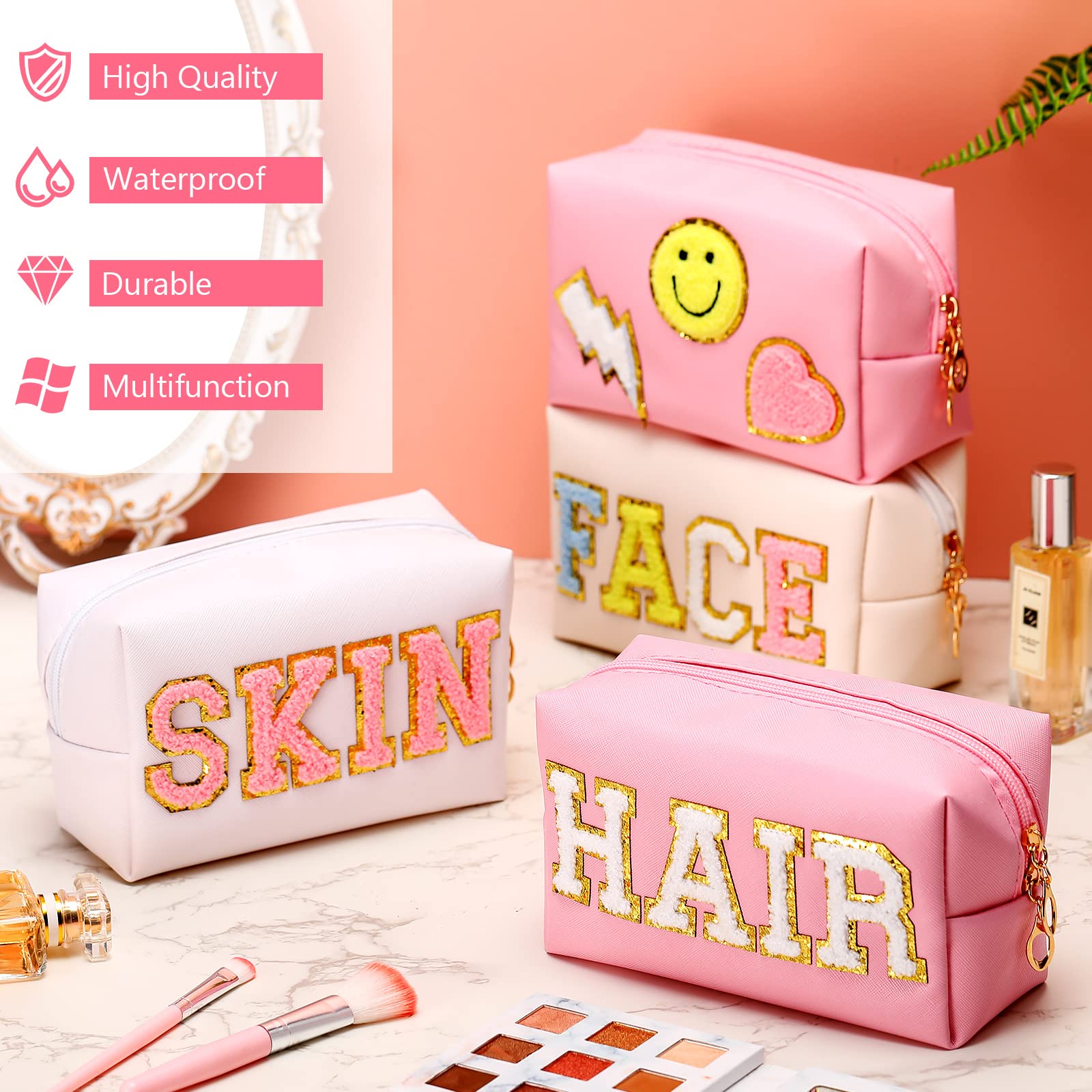 Sanwuta 4 Pcs Hair Face Skin Travel Bag Set Preppy Makeup Pouch PU Leather Skincare Bag Waterproof Cosmetic Organizer Birthday