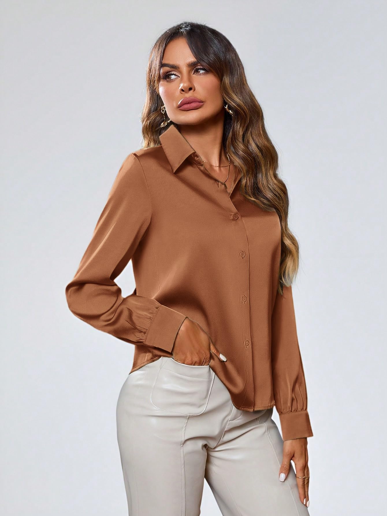 Indoprimo WomenS Solid Satin Casual Shirt | Stylish Western Long Sleeve Shirt For Women