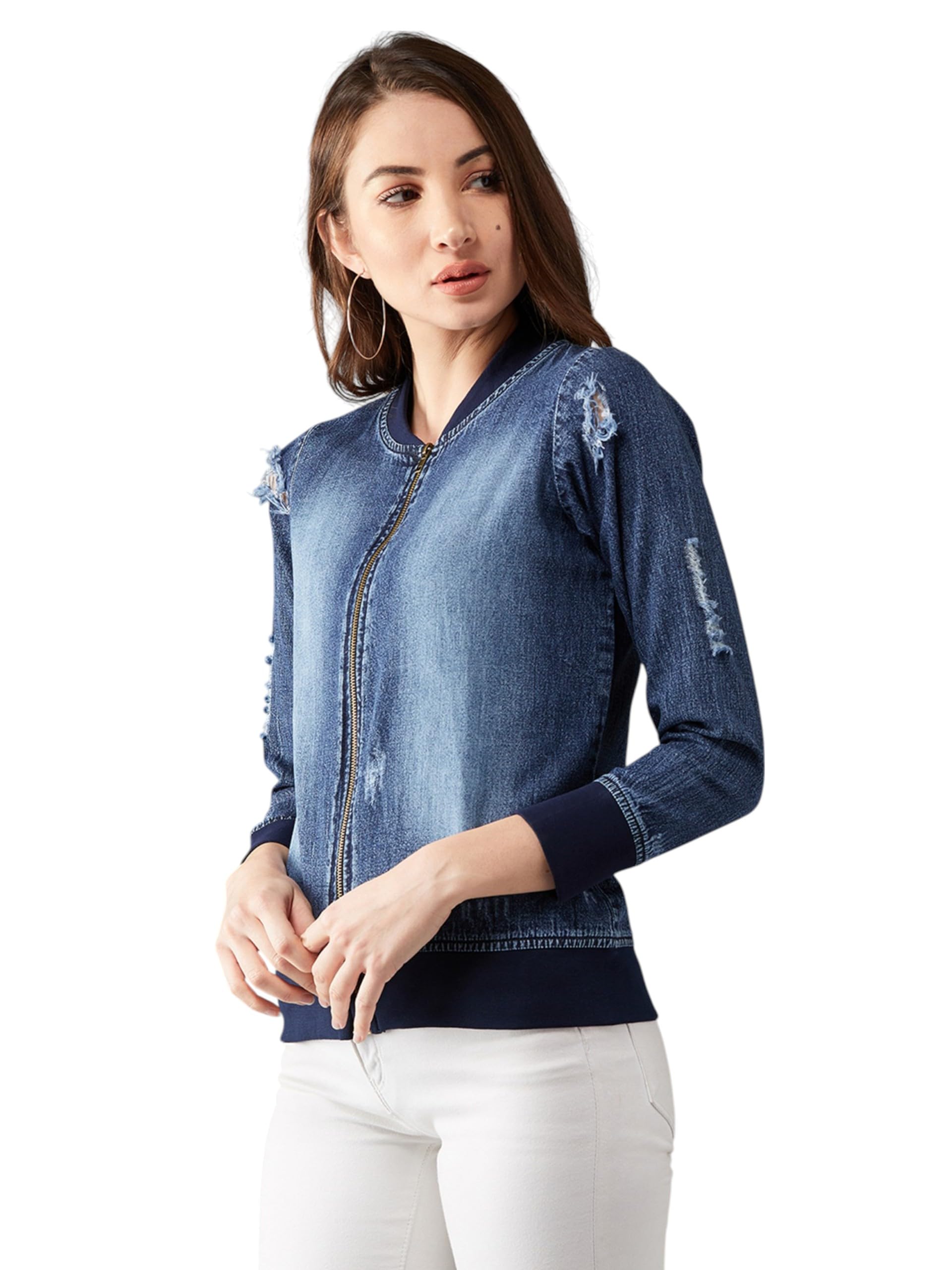 Dolce Crudo Womens V-Neck Full Sleeve Bomber Jacket(DOAW19DEN05-54-319-03, Midnight Blue, S)