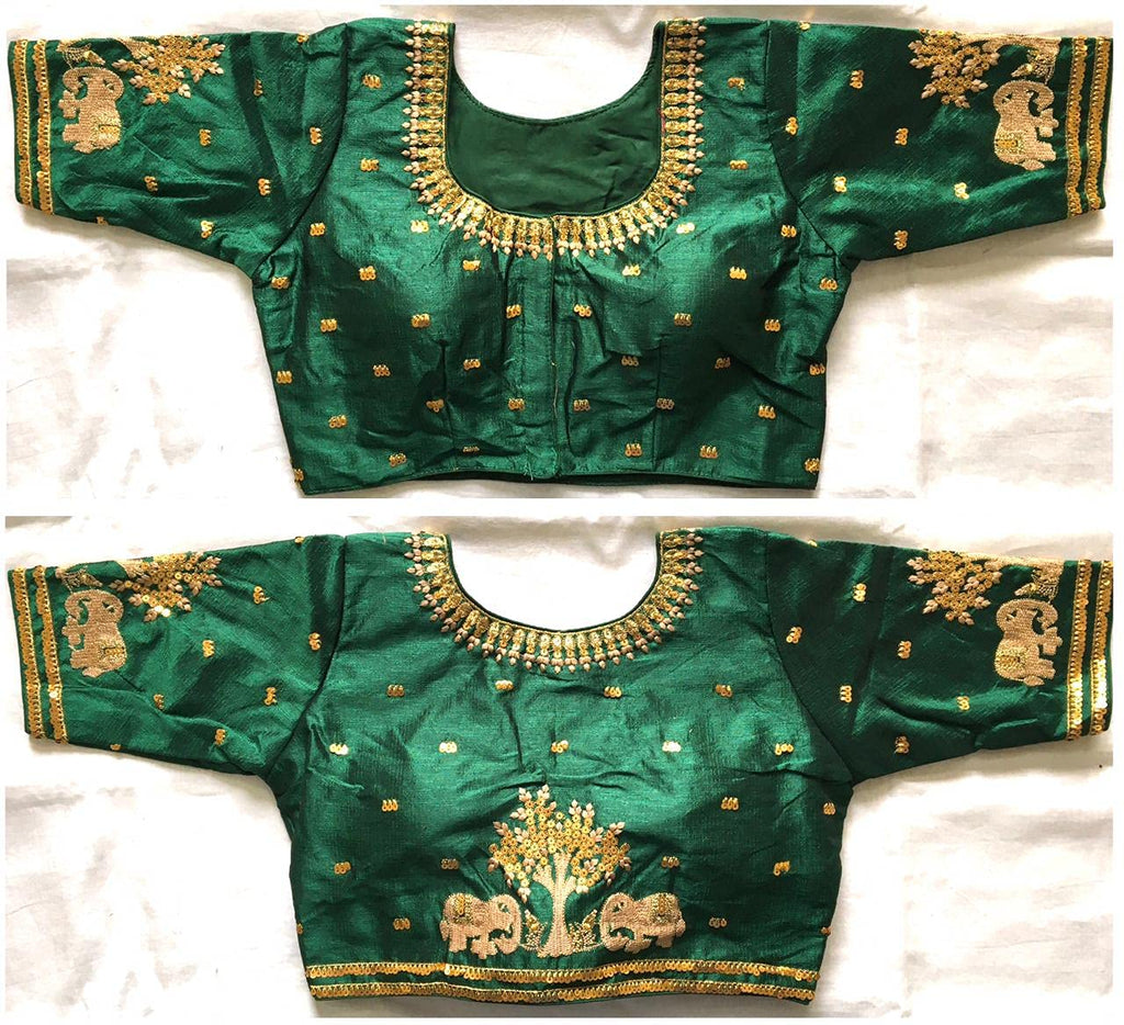 Pujia Mills WomenS Multicolor Phantom Silk Heavy Elephant Gold Thread Embroidery Sequins Zari Work Half Sleeves Readymade Saree