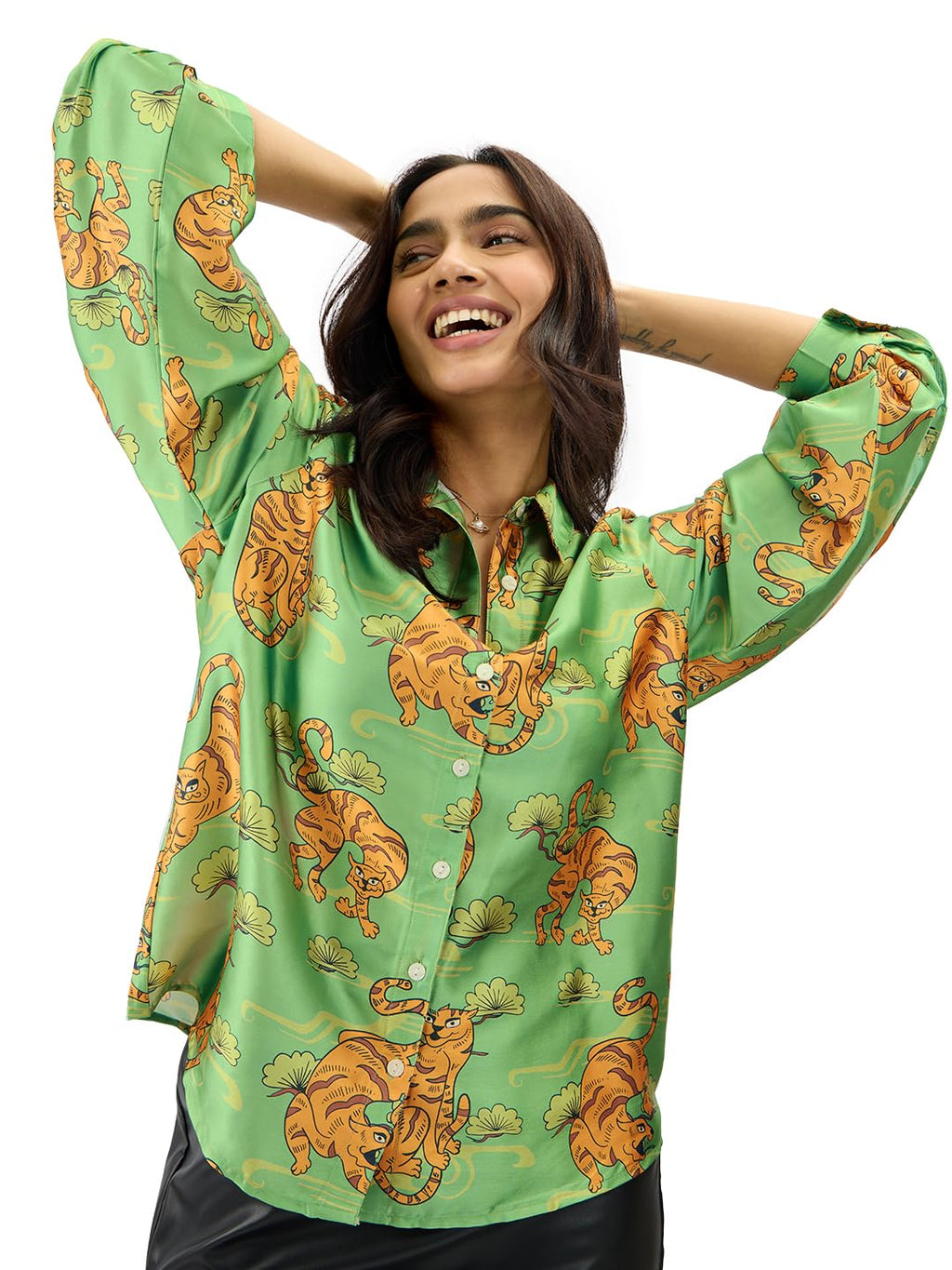 The Souled Store Folk Tiger Women and Girls Long Sleeve Collared Neck Button Down All Over Print Polyester Shirts Green