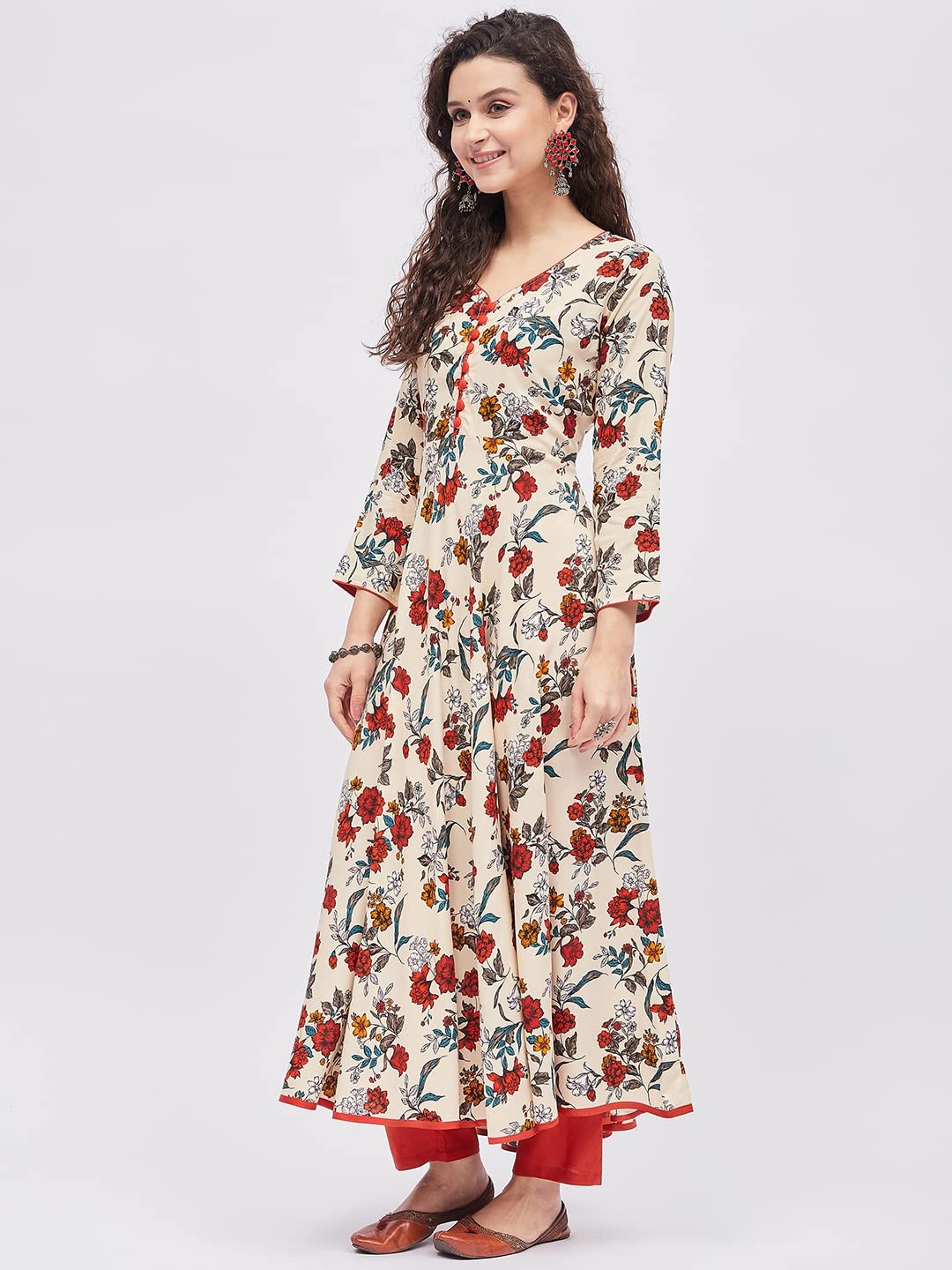 Tissu Women'S Rayon Cream & Orange Floral Printed A-Line Kurta 2221_Cream_M