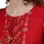 Ishin Women'S Viscose Rayon Embroidered Mirror Work Red Geometric Print Straight Kurta Suit Set With Dupatta & Trouser