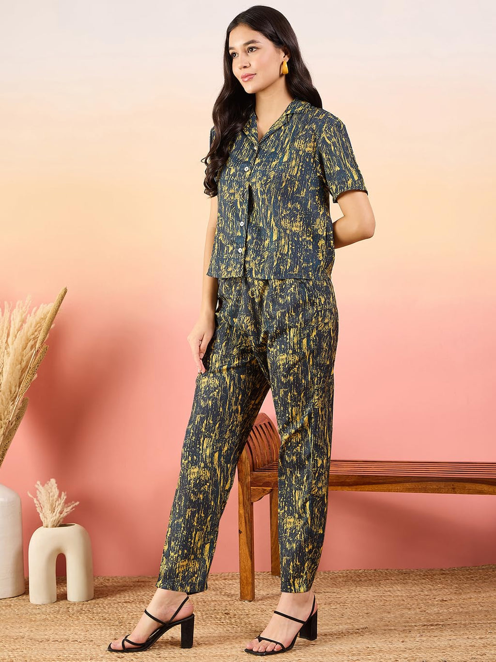 Modeve Women Shirt Pant Navy Abstract Print Co-Ord Set