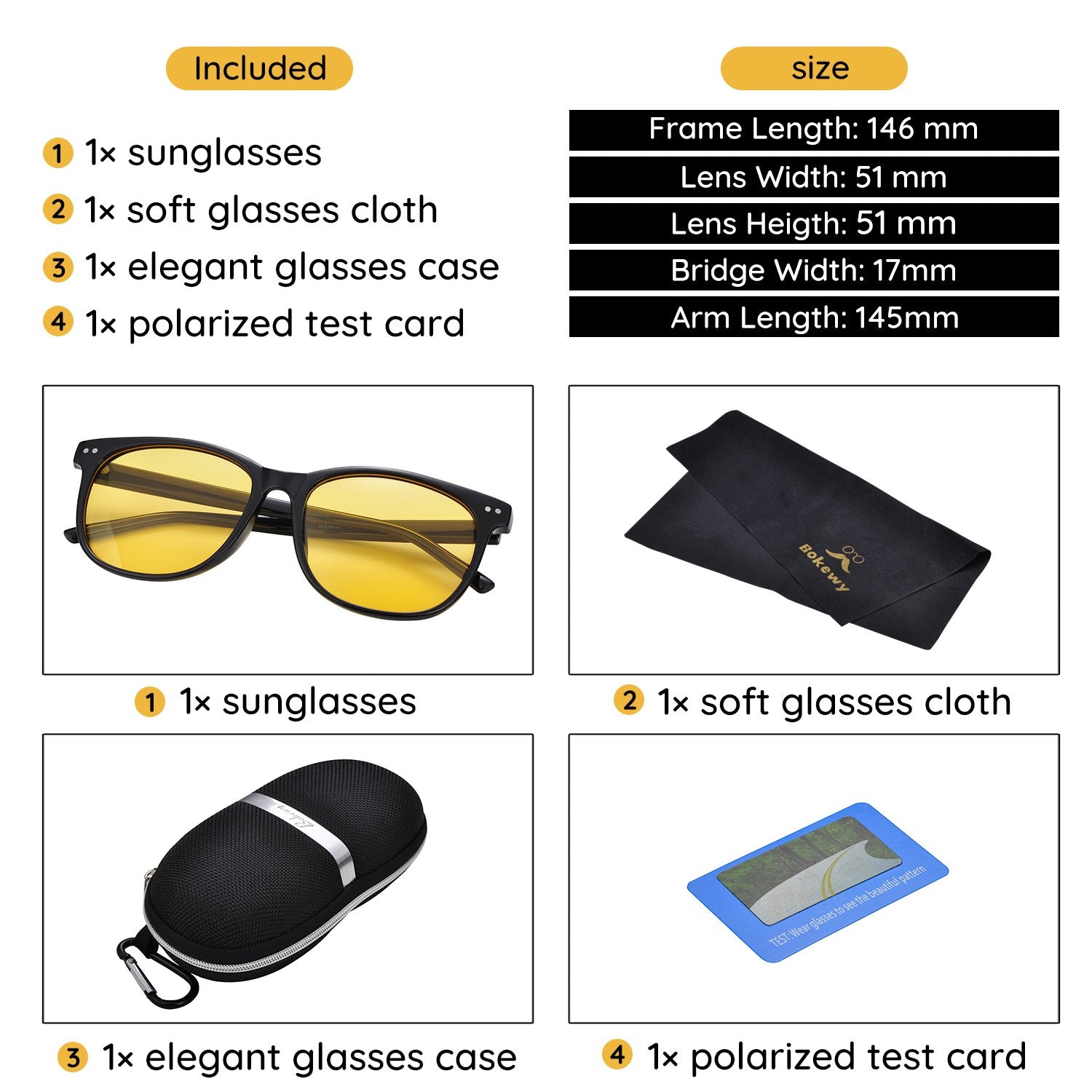 Night Vision Driving Glasses Polarized Anti-glare Clear Sun Glasses Men & Women Fashion (Black-1, 56)