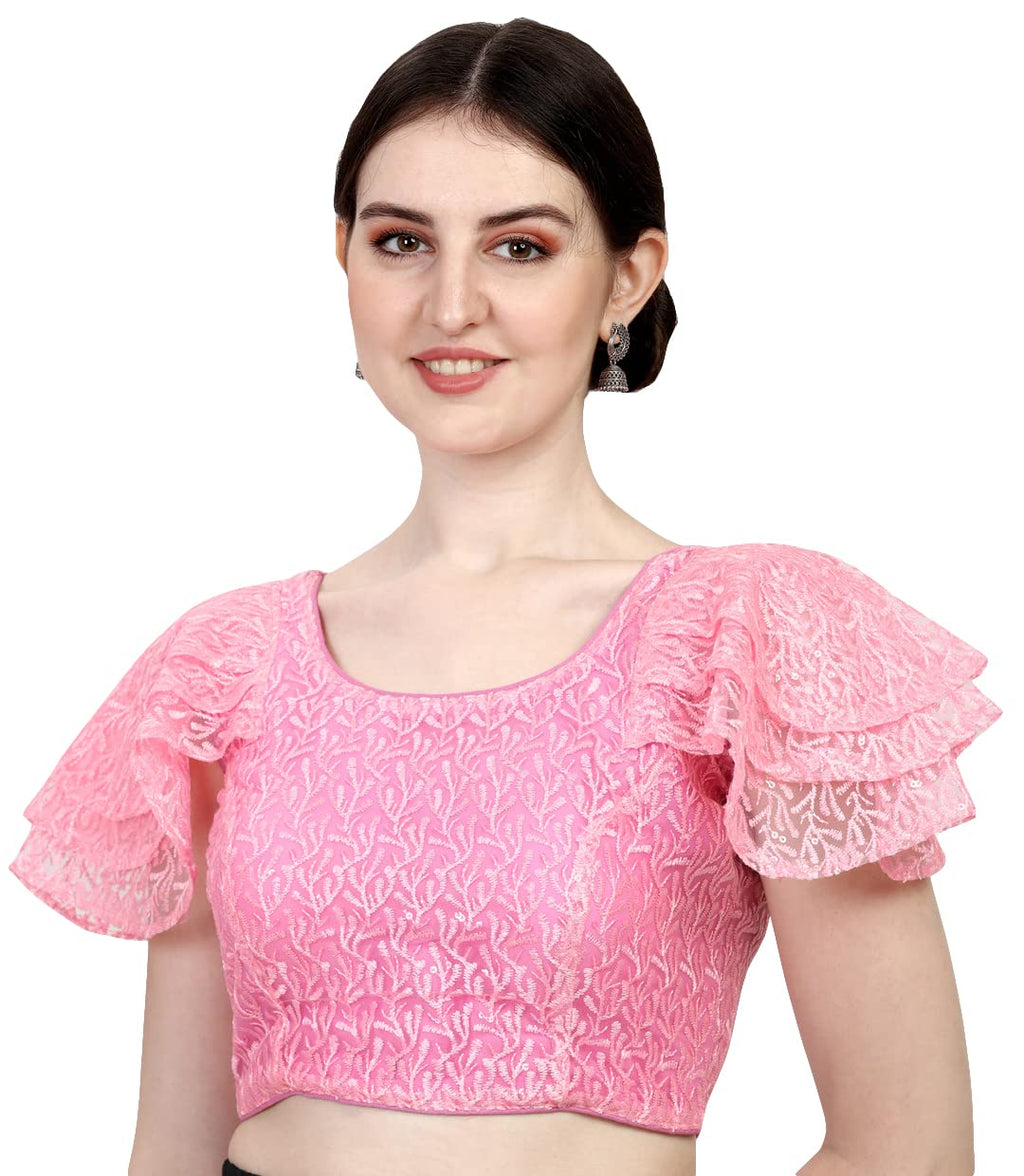 Pujia Mills Womens Shipali Net Work Ruffle Sleeves Readymade Saree Blouse (Shipli Jhadu Pink_Pink_38 Size + Margin)
