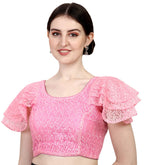 Pujia Mills Womens Shipali Net Work Ruffle Sleeves Readymade Saree Blouse (Shipli Jhadu Pink_Pink_38 Size + Margin)