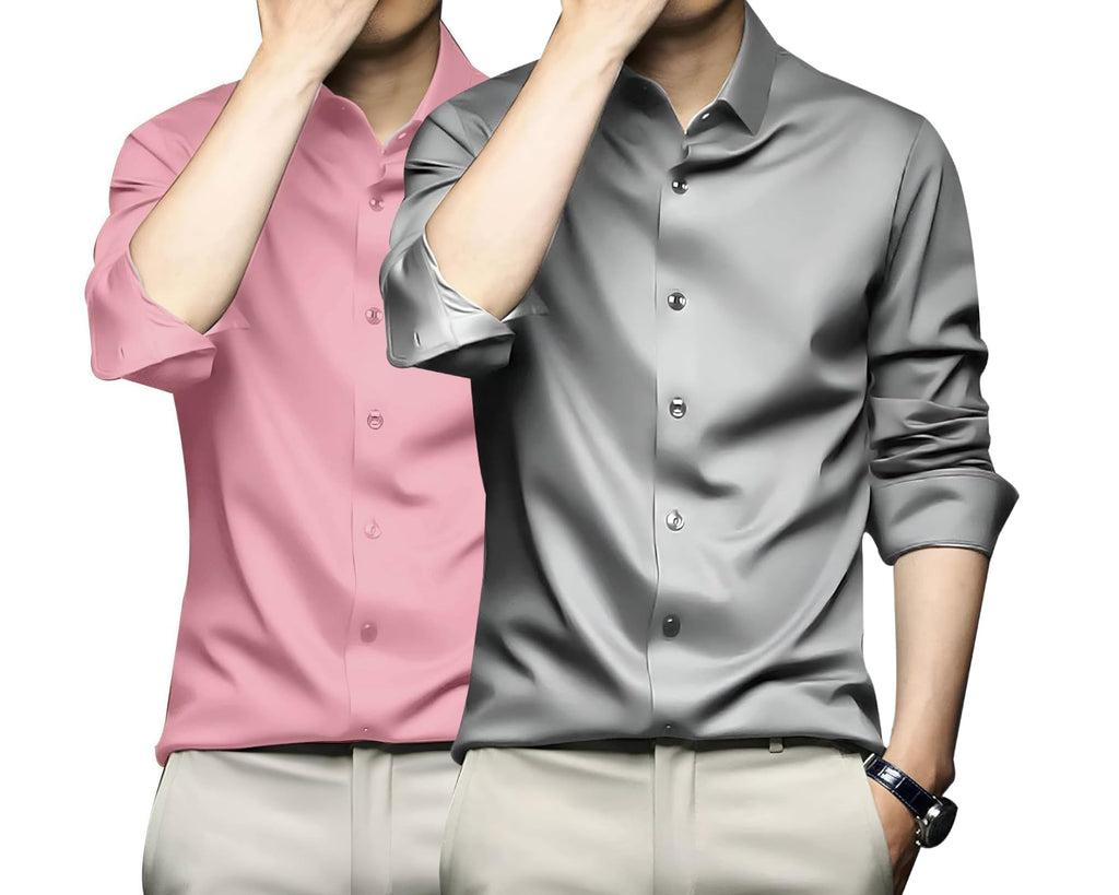 Deelmo Combo Of MenS Stylish Solid Satin Casual Shirt For Men Full Sleeves| Poly Satin Silk Shirt Pack Of 2