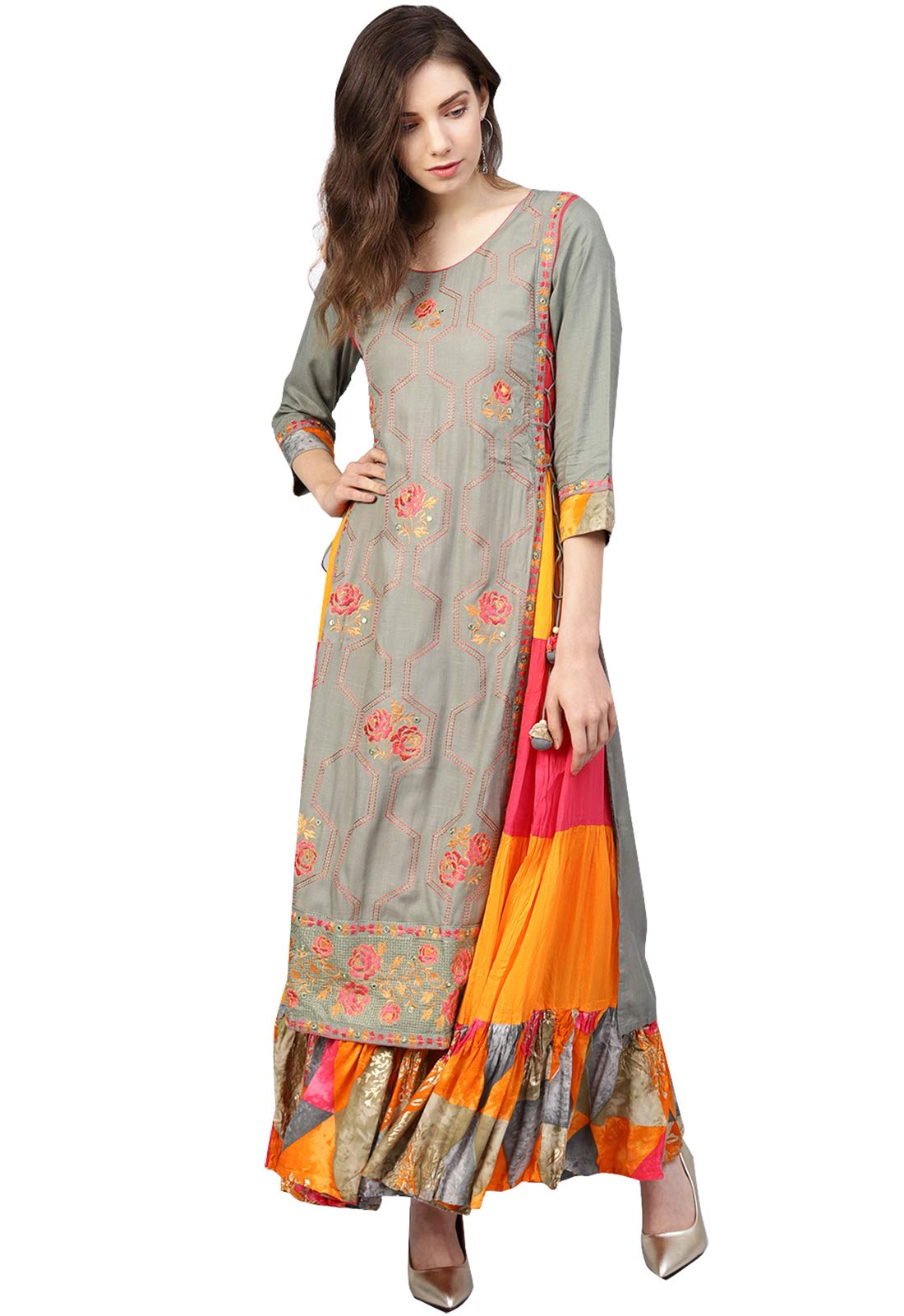 ishin Womens Rayon Grey & Pink Embroidered Anarkali Kurta