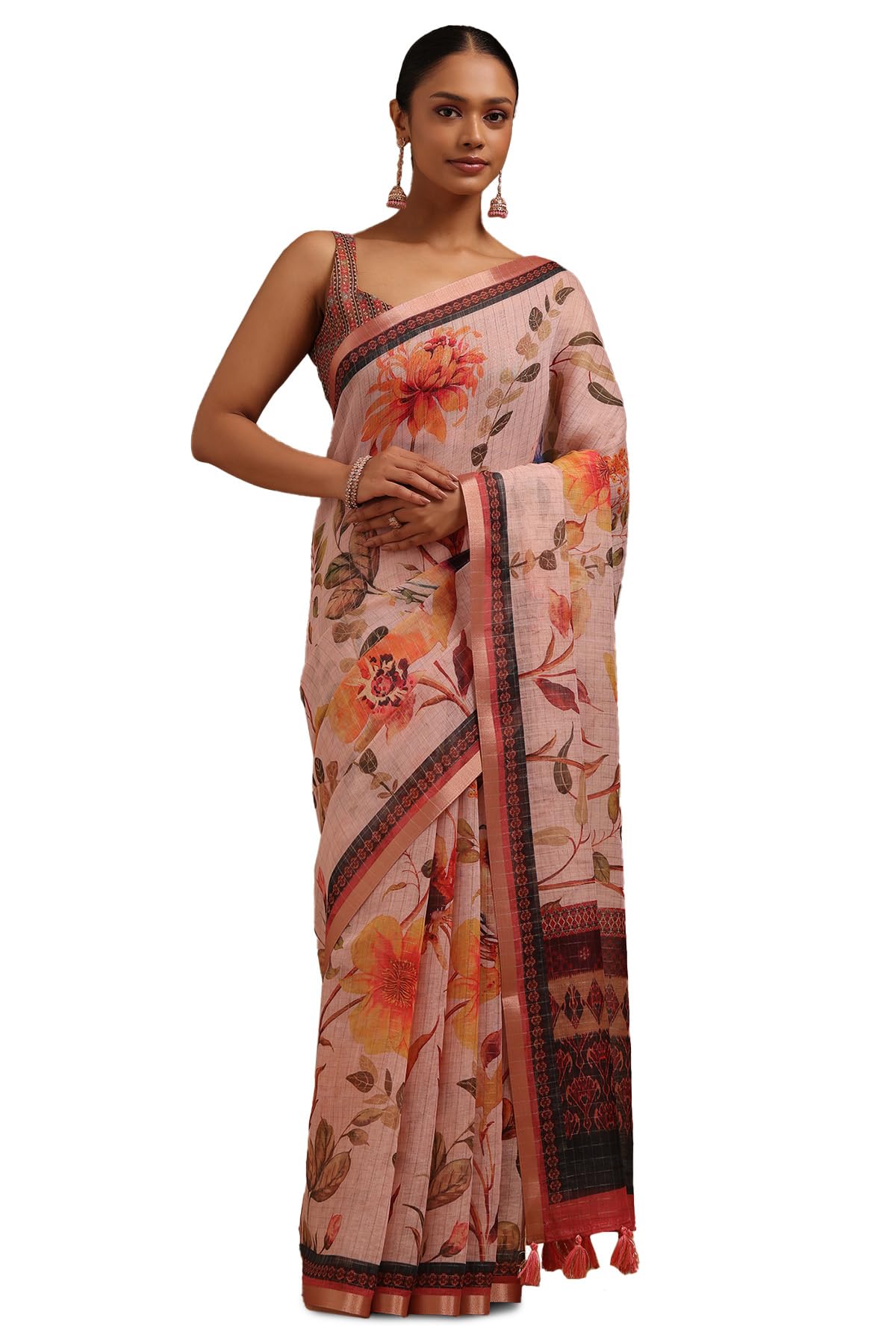 Soch Women Linen Blend Floral Print Saree with Zari Woven