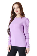 POPWINGS Casual Solid Puff Button Long Sleeves Regular Fit Tops for Women || Summer Round Neck and Stylish Western Lavender Top
