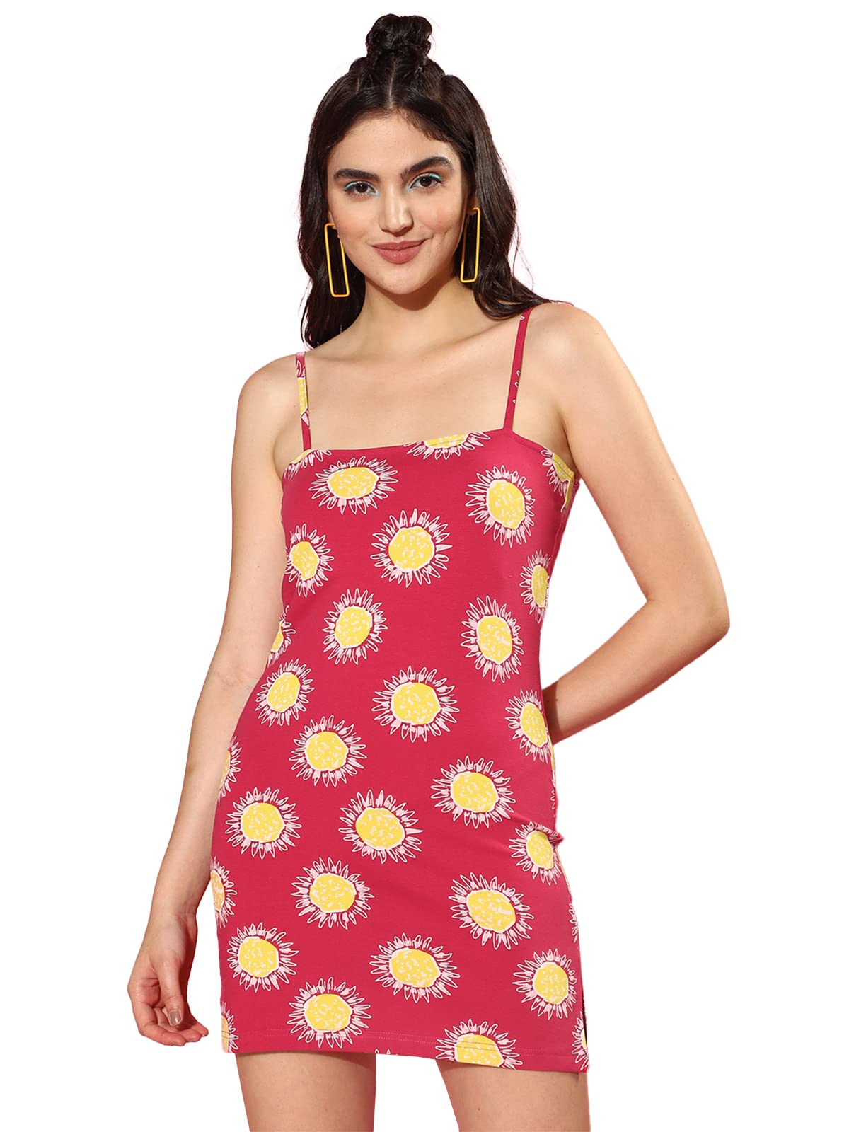 Juneberry Red & Yellow Floral Printed Snug Fit Sleeveless Strappy Above Knee-Length Sheath Dress (Jbdr_0323_2001_Vm_Xxl)