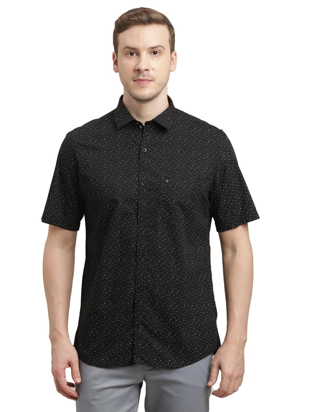 Turtle Men 100% Cotton Slim Fit Black Printed Half Sleeve Casual Shirt