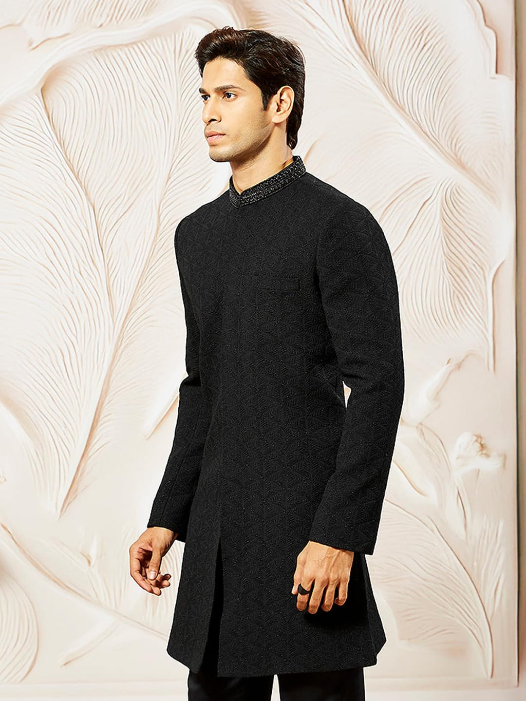 VASTRAMAY Mens Black Silk Blend Indo Western Top Only, Silk Blend Emboss Fabric Indo Western For Men, Traditional Indian Wear f